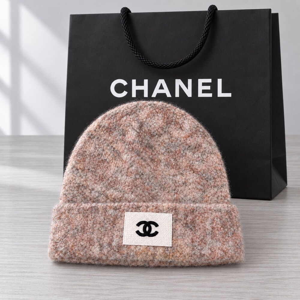 CHANEL Boucle CC Patch Knit Beanie
